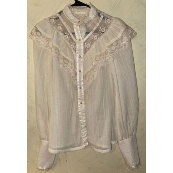 Vtg 1970s Gunne Sax Jessica's Gunnies Victorian High Neck Blouse Ivory Pearls M - Picture 4 of 12